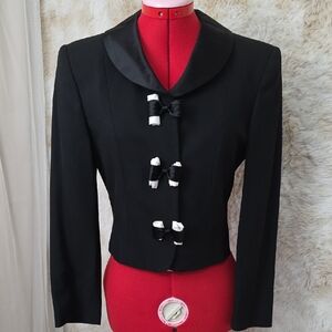 Moschino Cheap & Chic Cropped Blazer Jacket Black Satin Trim Bow Detail Italy